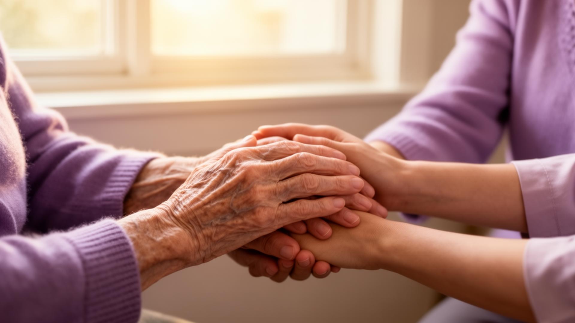 Caregiver holding the hand of an older adult